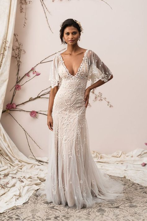 Justin Alexander Signature - Style 9890: Beaded Tulle A-Line Gown with Illusion Flutter Sleeves Justin Alexander Bridal, Justin Alexander Signature, Justin Alexander, Beaded Tulle, Lace Wedding Dress Vintage, A Wedding Dress, A Line Gown, Lace Wedding Dress, Wedding Dress Inspiration