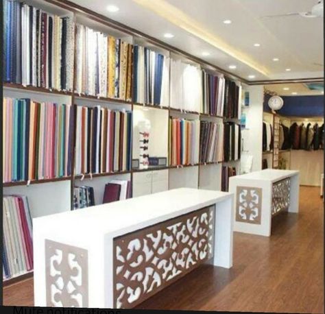 Shop Counter Design Clothes, Garments Shop Counter Design, Clothing Store Counter Design, Store Counter Design, Fabric Shop Display, Mobile Shop Design, Shop Counter Design, Fabric Store Design, Elevator Interior