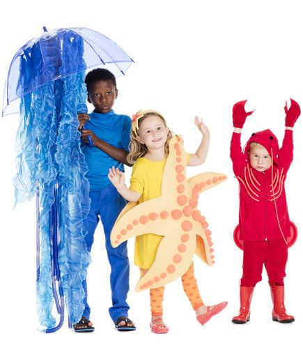 Under the Sea Group Costume | These homemade Halloween costumes, suitable for adults and kids alike, are just right for couples, siblings, families, or friend groups. And you’ll have to do minimal shopping to throw each of these looks together—all of the costumes are made with items you can find around the house. So grab your craft supplies and get to work. 5 Group Halloween Costumes, Rainbow Fish Costume, Starfish Costume, Under The Sea Costumes, Sea Creature Costume, The Little Mermaid Musical, Mermaid Family, Sea Costume, Fish Costume