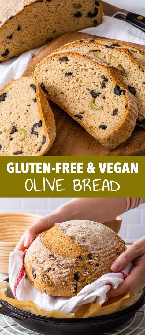 Easy Gluten Free Olive Bread - This crusty gluten free olive bread is incredibly easy to make and, as it only requires a single rise, it’s ready in about 2 hours! It has a wonderfully soft, chewy crumb and a crisp, golden crust. The olive oil and a generous amount of olives in the dough give it a fantastic flavour. Gluten free bread. Gluten free recipes. Gluten free loaf. Gluten free vegan bread. Gluten free vegan recipes. Easy bread recipes. Gluten Free Olive Bread Recipe, Gluten Free Olive Bread, Loopy Whisk Gluten Free Bread, Gluten Free Multigrain Bread, The Loopy Whisk Gluten Free Bread, Gluten Free Vegan Bread Recipe, Bread Gluten Free Recipes, Vegan Gluten Free Bread, Gf Wraps