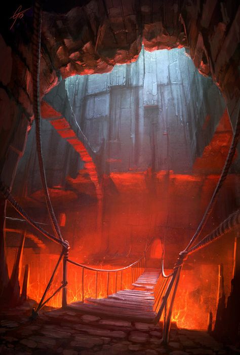 A rickety bridge over lava flow chambers, explored by Sindel, in the under ruins of Kal Barosh Lava Landscape, Hell Background, Rickety Bridge, Landscape Concept, Lava Flow, Arte Cyberpunk, Biome, Fantasy Setting, Fantasy Places