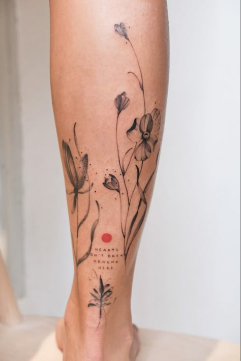 Dainty Calf Tattoo, Nature Leg Tattoos Women, Cute Knee Tattoos Women, Calf Tattoos Women, Botanical Leg Tattoo, Lower Leg Tattoos Women, Wheat Tattoo, Calf Tattoos For Women, Flower Leg Tattoos