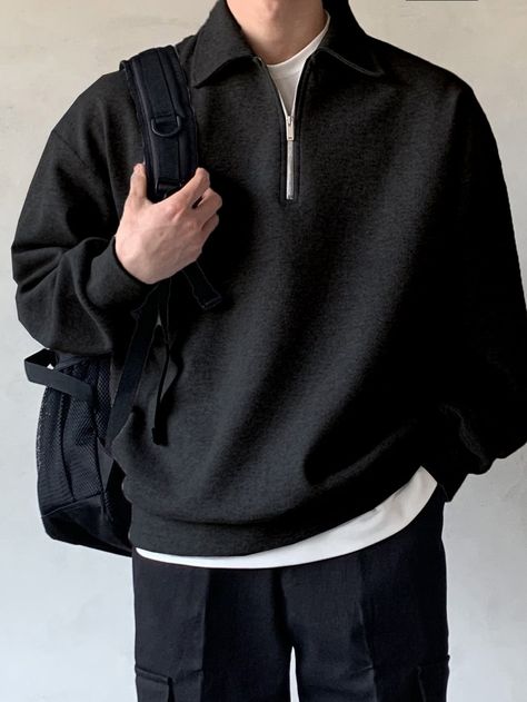 Aesthetic Comfy Outfits Men, Sweatshirt Outfit Men, Zipper Outfit, Korean Street Fashion Men, Sweater Outfits Men, Black Outfit Men, Minimalist Fashion Men, Classy Outfits Men, Mens Casual Dress Outfits