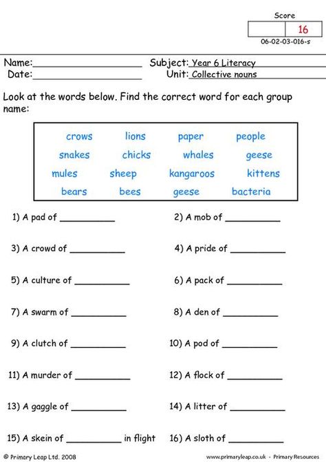 PrimaryLeap.co.uk - Collective nouns 2 Worksheet Year 6 English, Collective Nouns Worksheet, Magic E Words, Plural Words, Nouns Activities, Abstract Nouns, Nouns And Pronouns, Worksheets For Grade 3, 1 Worksheet