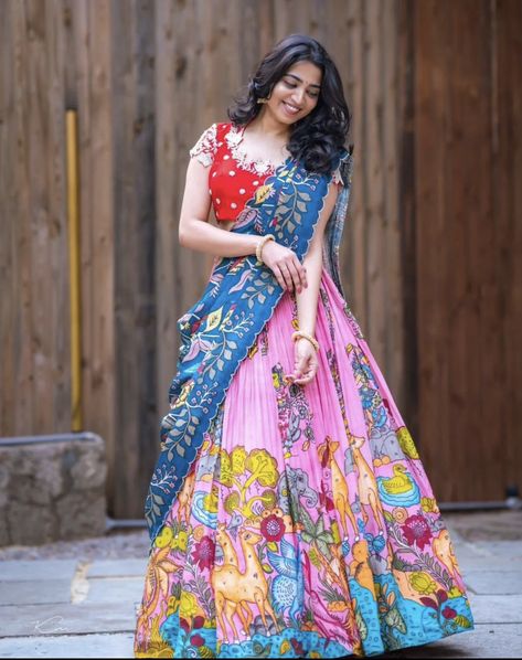 Banaras Lehanga Designs, Fancy Half Sarees Latest Designs, Penkalamkari Lehanga, Kalamkari Half Saree Lehenga, Kalankari Frocks Designs, Pen Kalamkari Lehangas, Kalamkari Half Saree Designs, Half Sarees Latest Designs, Saree Recycle Dresses Indian