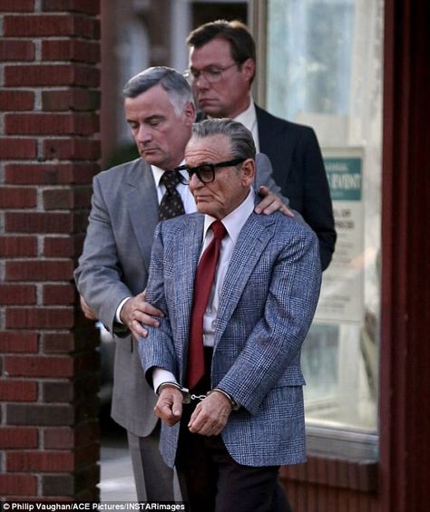 Legendary and Phenomenal Actor Joe Pesci is taken away in handcuffs in the Martin Scorsese (2019) film “The Irishman.” Pesci portrayed “Russel Bufalino.” ~ [Naomi Braswell]❤️ Jimmy Hoffa, Joe Pesci, The Irishman, Wise Guys, The Martin, Martin Scorsese, Moving Pictures, Men In Uniform, Irish Men