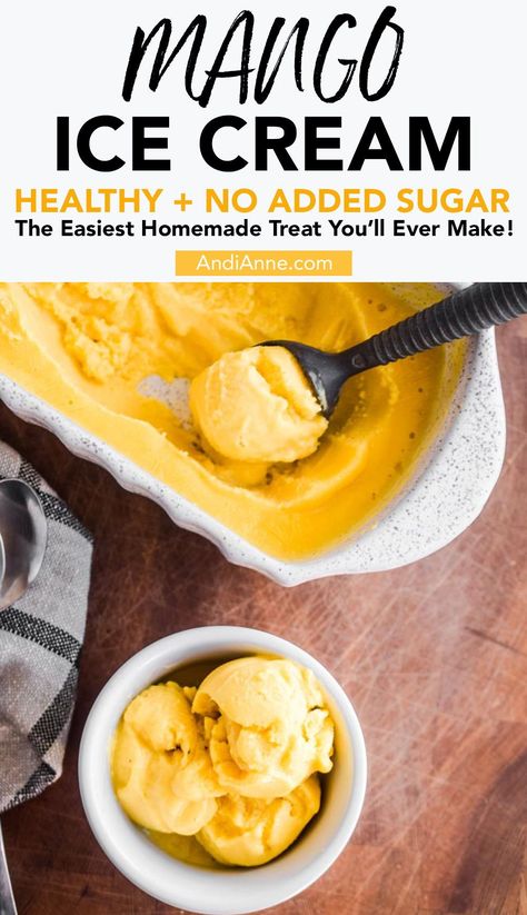 Mango ice cream is an easy healthy way to enjoy ice cream at home without the added sugar and unwanted fillers. This homemade recipe is made with two simple ingredients and a blender. It's a family favorite in our house that I think you're gonna love. Healthy Fruit Ice Cream Recipes, Mango Greek Yogurt Ice Cream, Healthy Mango Ice Cream, Mango Sorbet Recipe Blender, Mango Healthy Recipes, Healthy Home Made Ice Cream, Fruit Ice Cream Recipes, Blender Ice Cream Recipes, Mango Ice Cream Recipe Homemade