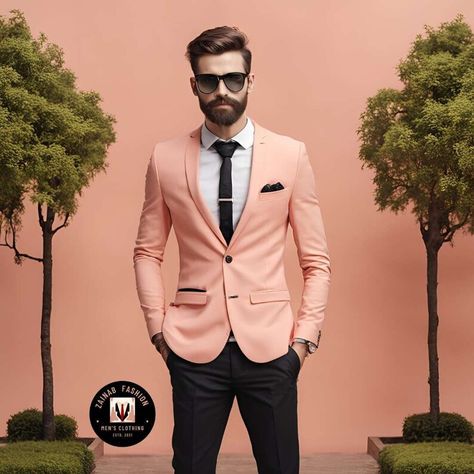 Trending Suits, Pink Suit Men, Peach Jacket, Male Suit, Suit Groom, Formal Fashion, Stylish Suit, Pink Suit, Groom Suit