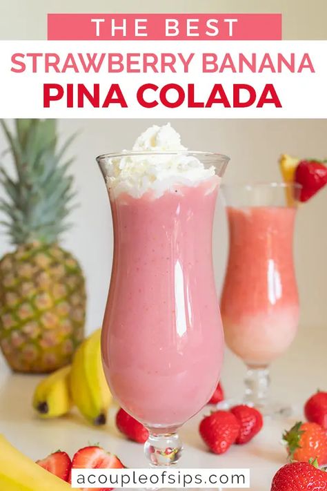 Strawberry Banana Pina Colada Recipe: A Smoothie-Like Drink » A Couple of Sips Strawberry Pina Colada Recipe, Strawberry Pina Colada, Drinks Strawberry, Cocktail Strawberry, Colada Drinks, Hawaiian Drinks, Pina Colada Cocktail, Grinch Punch, Virgin Cocktails