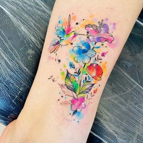 Watercolor Mom Tattoo, Watercolor Sleeve Tattoo Women, Colorful Tattoos For Women Watercolors, Rainbow Flower Tattoo, Rainbow Flowers Tattoo, Watercolor Flower Name Tattoo, Butterfly Rainbow Tattoo, Watercolor Wrist Tattoo, Tattoo Designs Skull