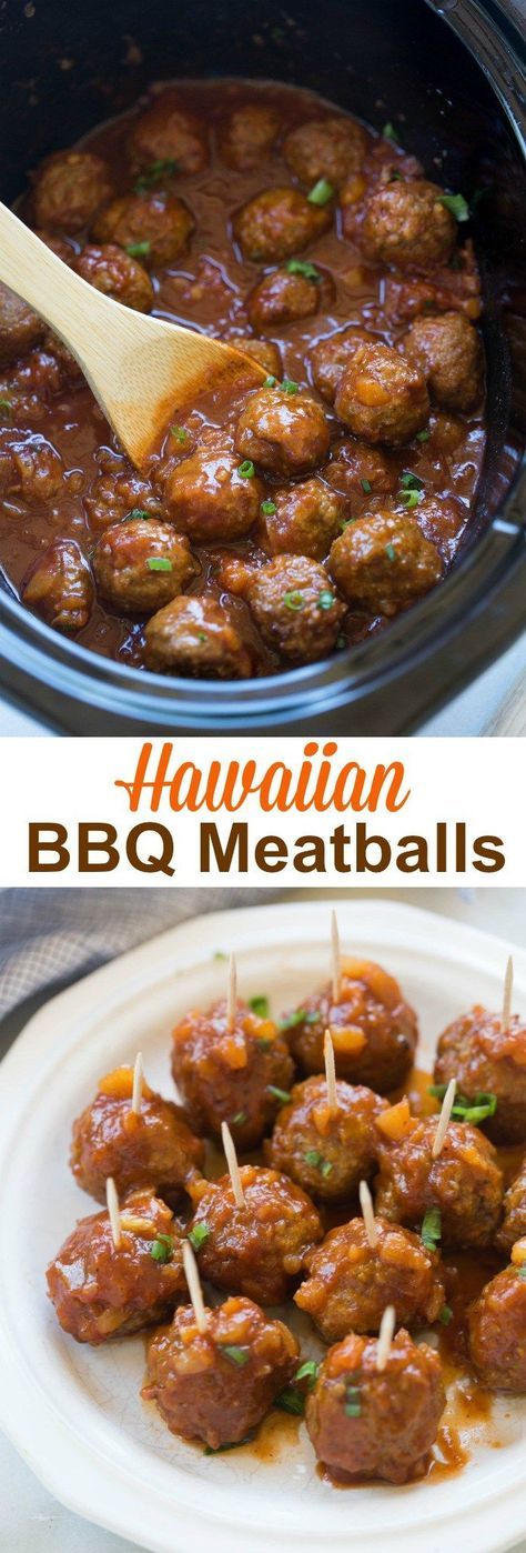 Slow Cooker OR Stovetop Hawaiian BBQ Meatballs are the perfect fun, easy party appetizer or enjoy them as a main dish, served over rice. | tastesbetterfromscratch.com Rice Appetizers, Meatball Appetizer Crockpot, Hawaiian Party Food, Hawaiian Meatballs, Luau Party Food, Luau Food, Bbq Meatballs, Crockpot Appetizers, Hawaiian Bbq