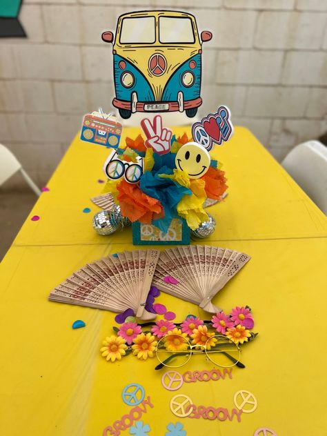 hippie van center piece two groovy party peace glitter decorations confetti flower power head bands fans yellow blue summer party Groovy Centerpiece Ideas, Diy Centerpieces, Boy Party, 2nd Birthday, Table Decor, 1st Birthday, Party Ideas, Honey, Baby Shower