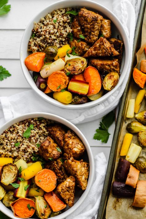 Maple Balsamic Tempeh Bowls Plant Based Buddha Bowl, Protein Packed Lunches, Rainbow Vegetables, Collard Green Wraps, Baked Tempeh, Power Bowl Recipe, Balsamic Marinade, Collard Green, Tempeh Bacon