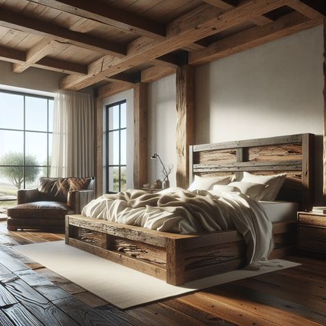 Create a realistic image of a bedroom, themed around modern rustic style. The focal point of the room is a large, handcrafted bed made out of rugged yet refined woods, serves as the perfect combination of modern and rustic. Soft, minimalistic white linens and pillows lay on the bed. A vintage, oversized leather armchair and a distressed wooden side table occupy a corner, by the large glass window which opens to the serene countryside view. This room is created to inspire remodeling ideas. Rustic Theme Bedroom, Mountain Home Bedroom, Modern Rustic Bedroom, Rustic Bedrooms, Modern Rustic Bedrooms, Future Bedroom, Rustic Theme, Wood Bedroom, Rustic Bedroom