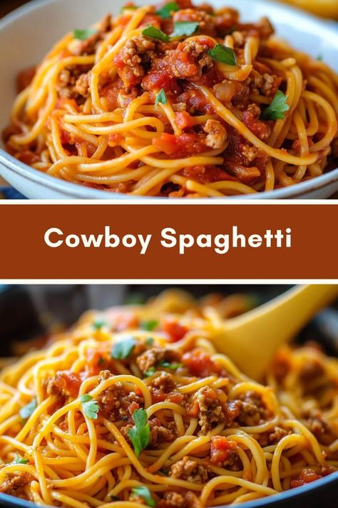 Cowboy Spaghetti Cowboy Spaghetti Recipes, Southwest Spaghetti, Cajun Spaghetti, Cowboy Spaghetti, Cowboy Recipes, Orange Zucchini, Mexican Spaghetti, Crockpot Spaghetti, Southern Potato Salad