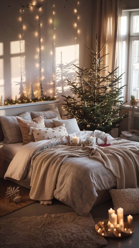 Christmas Decorated Bedrooms, Cozy Bedroom Christmas, Rustic Cozy Bedroom, Cozy Christmas Bedroom Aesthetic, Christmas Decor Cozy, Cozy Christmas Bedroom, Bedroom Decor Christmas, Bedroom Christmas Decor, Winter Retreat