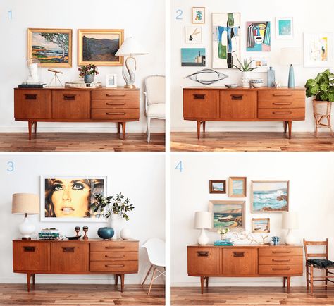 One Credenza, Four Ways. #4: Midcentury Coastal It’s the last one in the series. I swear. More info on that at the end (thanks for your feedback). This one is called ‘Mid-century Coastal’. This is both my childhood and my future. I grew up on the Oregon Coast and we did have 1970’s seascape paintings... Read More … Entryway Credenza, Credenza Ideas, Credenza Styling, Midcentury Decor, Credenza Decor, Sideboard Styles, Mid Century Modern Credenza, Surfer Style, Emily Henderson