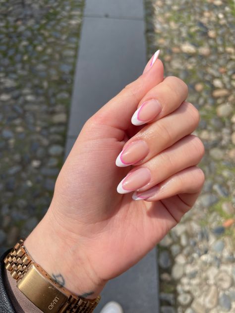 French nails white and pink Almond French Tip Nails With Line Under, White And Pink Nails French Tips, French Nails With Pink Line, White Pink French Nails, Light Pink And White Nails French Tips, White And Pink Tip Nails, White French Tip Nails With Pink Line, White French With Pink Line, White French Tips With Pink Line