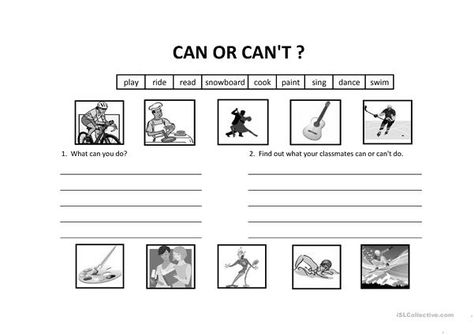 Modal Verb Can and Can't - English ESL Worksheets Modal Verbs, Verb Worksheets, Teaching Jobs, Free Printable Worksheets, Esl Worksheets, Answer Keys, Exercise For Kids, Writing Skills, Printable Worksheets