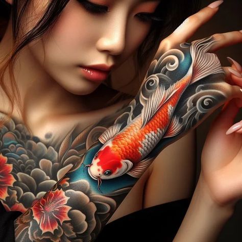 Koi Fish Tattoo: Timeless Art with Modern Symbolism & Inspiration 9 Dragon Coy Fish Tattoo, Koi Fish Family Tattoo, Realistic Koi Fish Tattoo, Butterfly Koi Fish Tattoo, Cool Japanese Tattoos, Japanese Koi Tattoo Design, Japanese Tattoo Art Koi, Japanese Koi Fish Tattoo Sleeve, Japanese Tattoo Art Sleeve