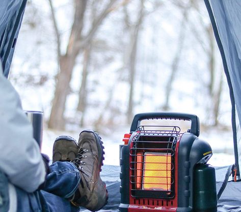 Use a portable tent heater to keep warm while winter camping. Tips, tricks and advice to stay warm in the cold campground weather. Portable Propane Heater, Winter Camping Gear, Camping Heater, Best Tent, Tent Heater, Best Space Heater, Portable Space Heater, Portable Garage, Tent Stove