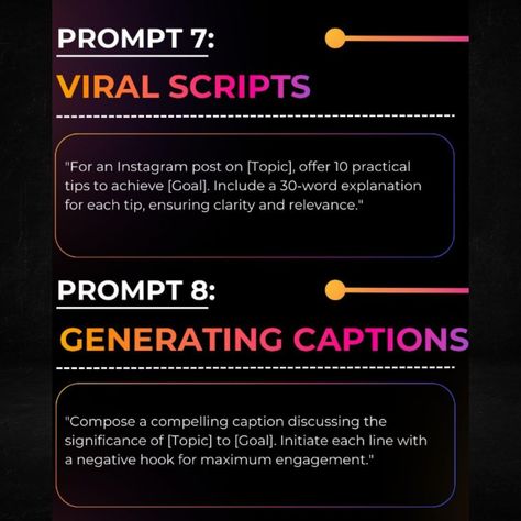 Save this! Feeling stuck on how to write your bio to write a sales magnet? In this post, I provide A-Z ChatGPT prompts for all your Instagram needs, including: Crafting the perfect bio Captivating captions Engaging story highlights Viral Scripts Sales magnet that converts Swipe left to discover these A-Z Prompts for Instagram and take your content to the next level! #instagramtips #instagramgrowth #instagramcontent #contentcreation #contentwriting #copywriting #bioideas #captionideas... Achieving Goals, Instagram Growth, Feeling Stuck, Story Highlights, Content Writing, Instagram Tips, Content Creation, The Next, Highlights