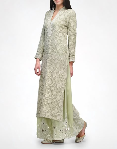 Sage Chikankari Kurta & Pyjama - Kurtas - Clothing Luxury Chikankari Embroidery Maxi Length Dupatta, Traditional Wear With Chikankari Embroidery For Reception, Traditional Wear Chikankari Embroidery For Reception, Traditional Wear For Reception With Chikankari Embroidery, Festive Floral Embroidered Palazzo Set With Straight Kurta, Bollywood Style Embroidered Palazzo Set With Tunic, Embroidered Bollywood Palazzo Set With Tunic, Chanderi Tunic Dress With Resham Embroidery, Eid Pista Green Kurta With Floral Embroidery