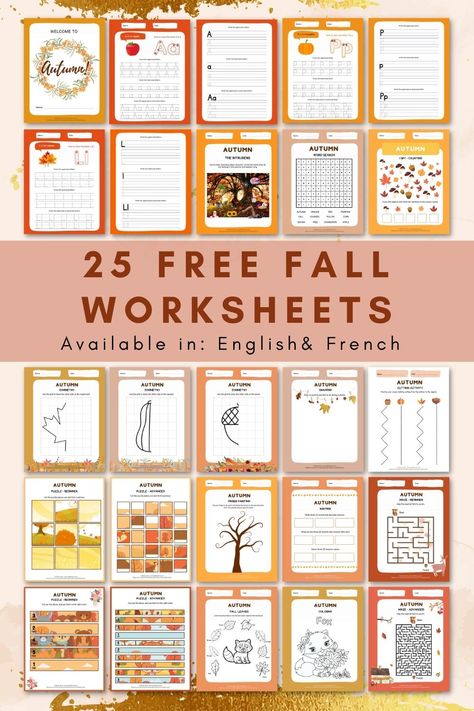 Autumn is a great time to do fun fall-themed activities, like these free worksheets! There are worksheets available in different languages, including English and French. The worksheets include mazes, coloring pages, symmetry drawings, word searches, letter tracing sheets, and more! Print out your favorites and have some autumn fun! Fall School Worksheets, Free Fall Printables Elementary, Autumn Worksheets Preschool, Autumn Worksheets Free Printable, Symmetry Drawings, Free Fall Worksheets, Fall Worksheets For Kids, Autumn Esl Activities, Autumn Worksheets For Kids