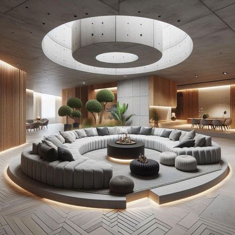 Modern Sunken Living Room, Circular Seating Area, Giant Couch, Circular Living Room, Luxury Living Room Interior, Circular Sofa, Circular Seating, Round Couch, Circle Sofa