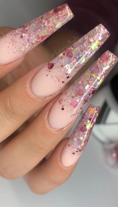 Holiday Ombre Nails Sparkle, Pink Glitter Powder Nails, Acrylic Nail Designs Glitter Ombre Sparkle French Tips, Trendy Nails Ombre Glitter, Ombre And Glitter Nails, Glitter Coffin Nail Ideas, Encapsulated Nails Glitter Ombre, Chunky Pink Glitter Nails, Chunky Glitter Ombre Nails