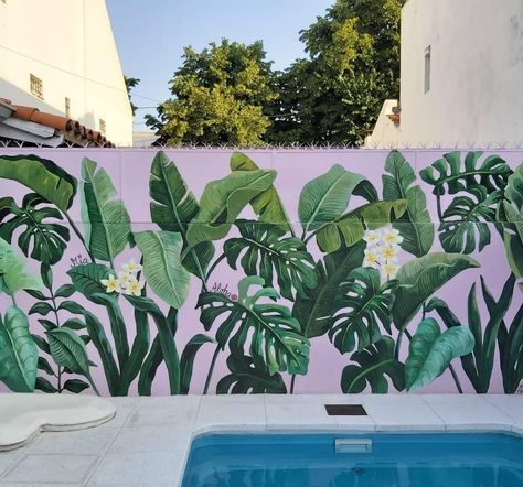 Comfortable and stylish outdoor furniture sets, including sofas, dining tables, and lounge chairs. Tropical Fence Mural, Tropical Wall Painting Ideas, Pool Mural Ideas, Tropical Wall Murals Painted, Garden Wall Mural Outdoor, Outdoor Murals Backyards, Tropical Mural Painting, Plant Mural Wall, Mural Art Tropical