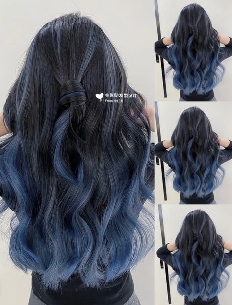 Korean Hair Streaks, Long Black And Blue Hair, Ashy Blue Hair Balayage, Subtle Color In Hair, Hair Contouring Black Hair, Black With Color Underneath Hair, Best Hair Dye For Brown Hair, Black Hair With Coloured Highlights, Blue Jean Hair