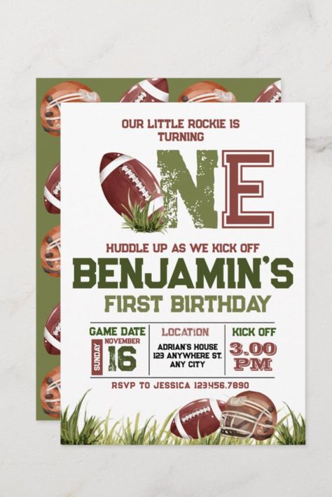 Football 1st Year Down Football BIrthday Party Invitation
Ready for a football birthday party? This design features hand-painted watercolor items such as a football helmet, and football ball, together with the typography "First Year Down", and "Little Rockie". All text is editable on this birthday invite and budget-friendly postcards are available too! #birthday #happybirthday #birthdaycards #birthdayparty #firstbirthday #turningone #football 1st Year Down Football Birthday, Chiefs Party, Football Birthday Party Invitations, Football Invitations, Football Cookies, Football Birthday Party, Eagles Football, Football Ball, Football Birthday