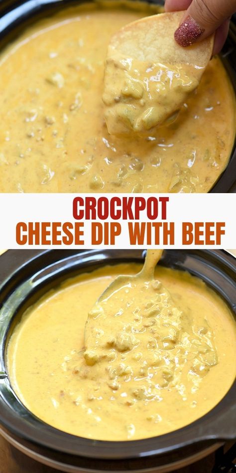 Beef Cheese Dip made easy in the slow cooker! Loaded with taco meat, cheese, and diced green chilies, it's seriously addicting! Queso With Meat Crockpot, Queso Dip With Meat Crockpot, Taco Meat Queso Dip, Velveeta Meat Cheese Dip, Meat Cheese Dip Crock Pot, Crockpot Cheese Dip Velveeta Ground Beef, Nacho Cheese Dip With Meat Ground Beef, Beef And Cheese Dip Crockpot, Taco Meat Cheese Dip