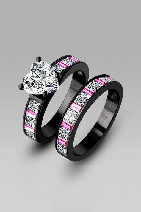 Cubic Zirconia Engagement Rings For Unforgettable Moment ❤ See more: http://www.weddingforward.com/cubic-zirconia-engagement-rings/ #weddings Black Wedding Ring Sets, The Bling Ring, Black Engagement Ring, Black Gold Jewelry, Black Wedding Rings, Engagement Wedding Ring Sets, Gem Ring, Wedding Ring Set, Black And Pink