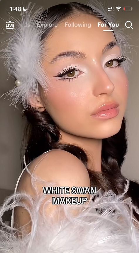 White And Black Swan Aesthetic, Dove Make Up, White Swan Makeup Aesthetic, Swan Lake Makeup Eye, Masquerade Makeup Look, Ballet Dancer Makeup, White Swan Hairstyle, White Swan Eye Makeup, White Cat Makeup Halloween