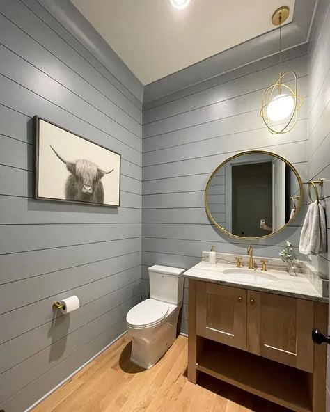 Shiplap Powder Room, Small Bathroom Decoration, Modern Farmhouse Powder Room, Shiplap Bathroom Wall, Blue Powder Room, Small Half Bathroom, Modern Farmhouse Furniture, Shiplap Bathroom, Modern Small Bathrooms