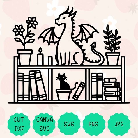 Pinterest  Bookshelf Dragon SVG - A cute and whimsical SVG design perfect for plant lovers, bookworms, and fantasy readers. Download and cut out this file to make your own unique planter, t-shirt, or other project. #bookshelfdragonsvg #plantlovers #bookworms . #Vinyl_Templates #Friendly_Dragon #Bookish_Decor #Plant_Svg Dragon Classroom, Friendly Dragon, Dragon Svg, Lush Plants, Dragon Graphic, Plant Book, Unique Planter, Fantasy Lovers, Gifts For Bookworms