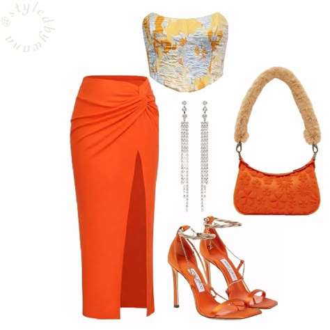 Orange Outfit Aesthetic, Outfit Ideas Party Night, Summer Outfits Polyvore, Outfit Ideas Party, Orange Midi Skirt, Outfit Ideas Spring, Oufits Casual, Vegas Outfit, Summer Ootd