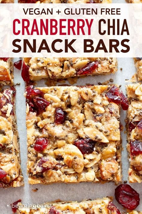 Cranberry Chia Gluten Free Vegan Snack Bars: this healthy vegan snack bars recipe yields chewy & satisfying bars! The best vegan snack bars recipe—packed with chia & flax to keep you full! #Snacks #Bars #GlutenFree #Vegan #Chia | Recipe at BeamingBaker.com Snack Bars Healthy, Dorm Snacks, Snack Bar Recipes, Best Vegan Snacks, Vegan Gluten Free Snacks, Bars Healthy, Energy Bars Recipe, Healthy Snack Bars, Biscuits Diététiques