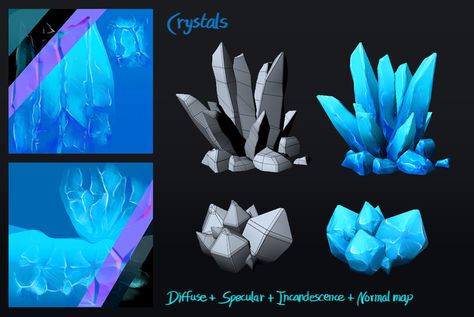 Crystals by Elo-Doudoune.deviantart.com on @DeviantArt Crystal Rendering, Crystal Concept Art, How To Shade Crystals Digital, How To Paint Crystals Digital, Dark Crystal Concept Art, Low Poly Crystal, Idle Game, Organic Tattoo, Hand Painted Textures