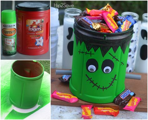 Check out these easy AND frugal ideas to decorate for Halloween using items you likely already have on hand! Folgers Coffee Container Crafts, Coffee Can Diy Projects, Coffee Creamer Bottle Crafts, Plastic Coffee Cans, Easy Halloween Ideas, Halloween Container, Coffee Creamer Container, Coffee Can Crafts, Halloween Candy Bowl