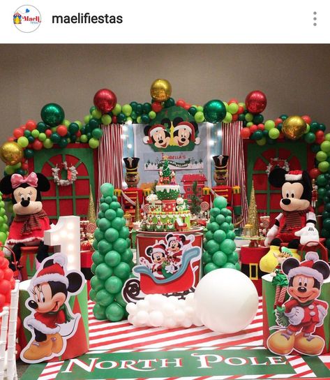 Mickey and Minnie Mouse Christmas Village Dessert table and Decor Birthday party Christmas Mickey Mouse Party, Christmas Mickey Mouse Birthday Party, Disney Theme Christmas Party, Christmas Birthday Party 1st Decorations, Mickey Mouse Christmas Party Ideas, Disney Christmas Party Decoration, Mickey Christmas Birthday Party, Minnie Mouse Christmas Birthday Party, Disney Christmas Birthday Party