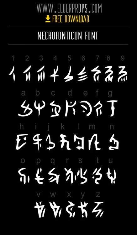 Necrofonticon Cthulhu font Eldritch Alphabet, Necronomicon Alphabet, Cthulhu Mythos Symbols, Cthulhu Alphabet, Fantasy Numbers, Conlang Alphabet, Eldritch Symbols, Fantasy Languages Alphabet, Necronomicon Symbol