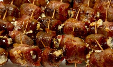 Bacon Wrapped & Cream Cheese Filled Dates Bacon Wrapped Dates Recipe, Cream Cheese Dates, Filled Dates, Bacon Wrapped Cream Cheese, Dates Stuffed, Turkey Bacon Wrap, Bacon Wrapped Dates, Bacon Appetizers, Date Recipes