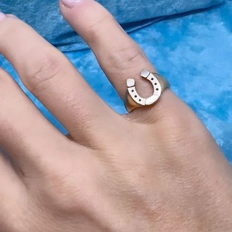 BYE.GONES.NYC on Instagram: "🐴✨BEHOLD! Vintage 14k Lucky Horseshoe Ring!✨🐴

The exact origins of using a horseshoe as a symbol of luck are unknow… but it was thought to represent the crescent moon, a sign of various moon goddesses and thusly a protector against the evil eye. 

This baby is a very cool realistic horseshoe with a white gold face on yellow gold base and band. 

She’s a size 4 (sizeable)// 3.8g 14k

$350 DM for dibzzzzzz
.
.
.
.
.
#luckyhorseshoe #oldgold #vintagegold #showmeyourrings #vintagejewelrycollector" Horse Shoe Ring, Moon Goddesses, Symbol Of Luck, Horseshoe Ring, Lucky Horseshoe, Gold Face, Horse Shoe, The Evil Eye, Moon Goddess