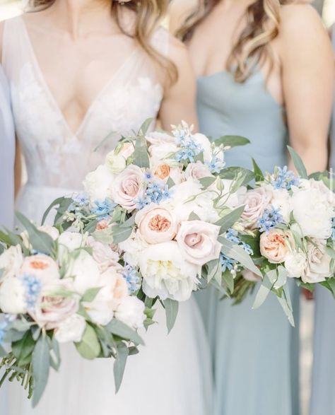 Light Blue Bridesmaid Dresses Pink Bouquet, Light Blue And Pink Boutonniere, White Blush Blue Bouquet, Light Blue Pink And Green Wedding, Light Blue And Pink Bouquet, Blue Green White Pink Wedding Flowers, Blush And Blue Wedding Flowers, Blue And Peach Bouquet, Pink And Blue Wedding Flowers