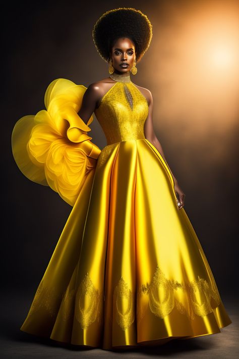 Lexica - 4k high quality photo of a beatiful black lady wearing yellow gown. Yellow And Black Dress Gowns, Queen Yellow Dress, Luxury Elegant Yellow Gown, Yellow Gown Dress, Luxury Yellow Gala Gown, Luxury Yellow Ball Gown Dress, Royalty Wedding, Black Drawings, Most Expensive Dress