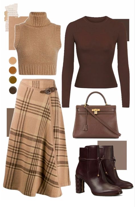 Modest Fall Outfits Aesthetic, Modest Girly Outfits Casual Classy, Outfits With Brown Skirt, Brown Winter Office Skirt, Brown Full Skirt For Winter, Dark Academia Fitted Skirt For Fall, Cold Weather Work Outfit, Casual Brown Winter Skirt, Brown Outfits For Women