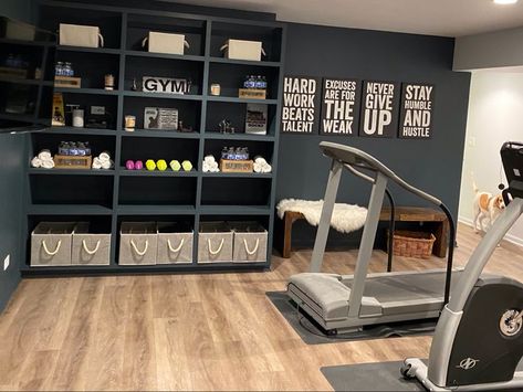 Exercise Room Ideas Home Modern, Basement Exercise Room Ideas Home Gyms, Home Gym Area Small Spaces, Gym And Family Room Combo, Home Gym Grey Walls, Basement Gym Aesthetic, Mudroom Gym Combo, Home Gym Inspiration Basement, Home Gym Shelves